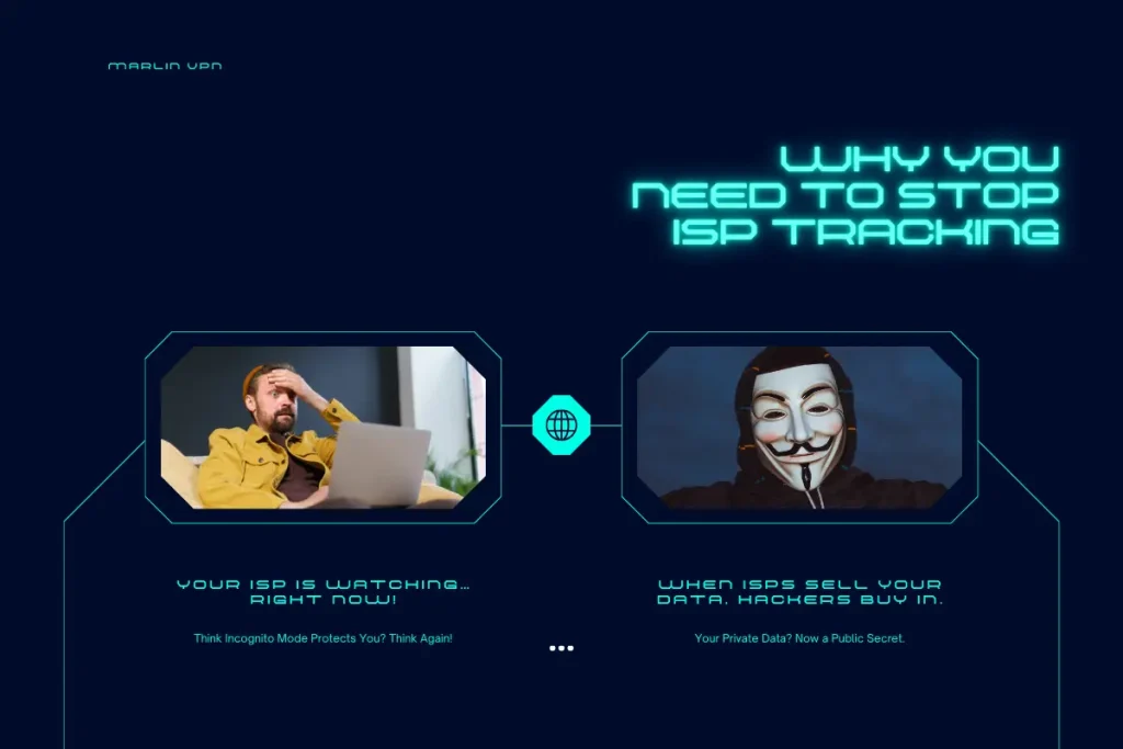 Title 'Why You Need to Stop ISP Tracking' with a shocked person reacting to ISP surveillance and an image of a hacker symbolizing the risks of data exposure and cyber threats.