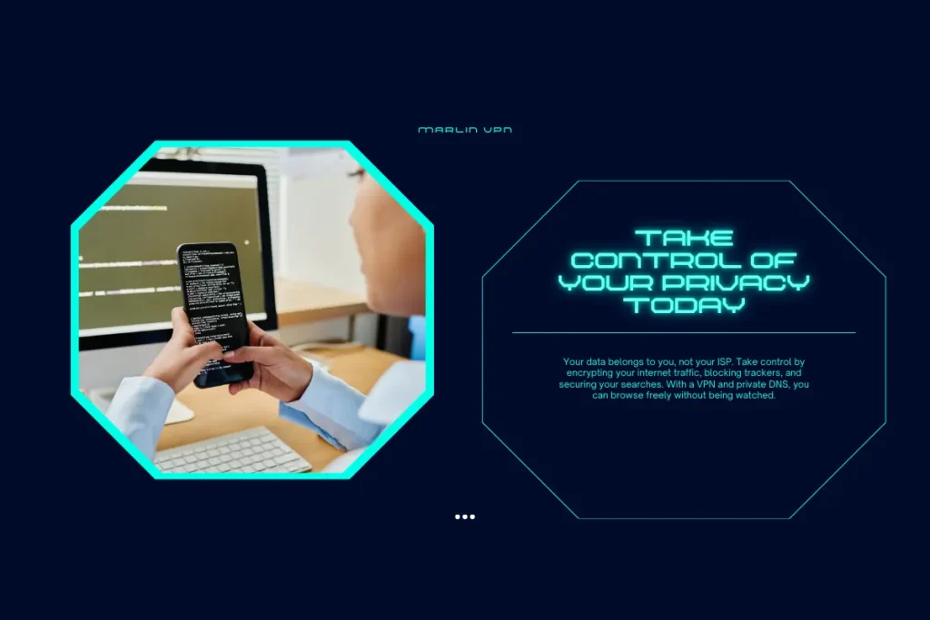 Title 'Take Control of Your Privacy Today' with a subtitle emphasizing online privacy, alongside an image of a girl using her cellphone, symbolizing secure and private browsing.